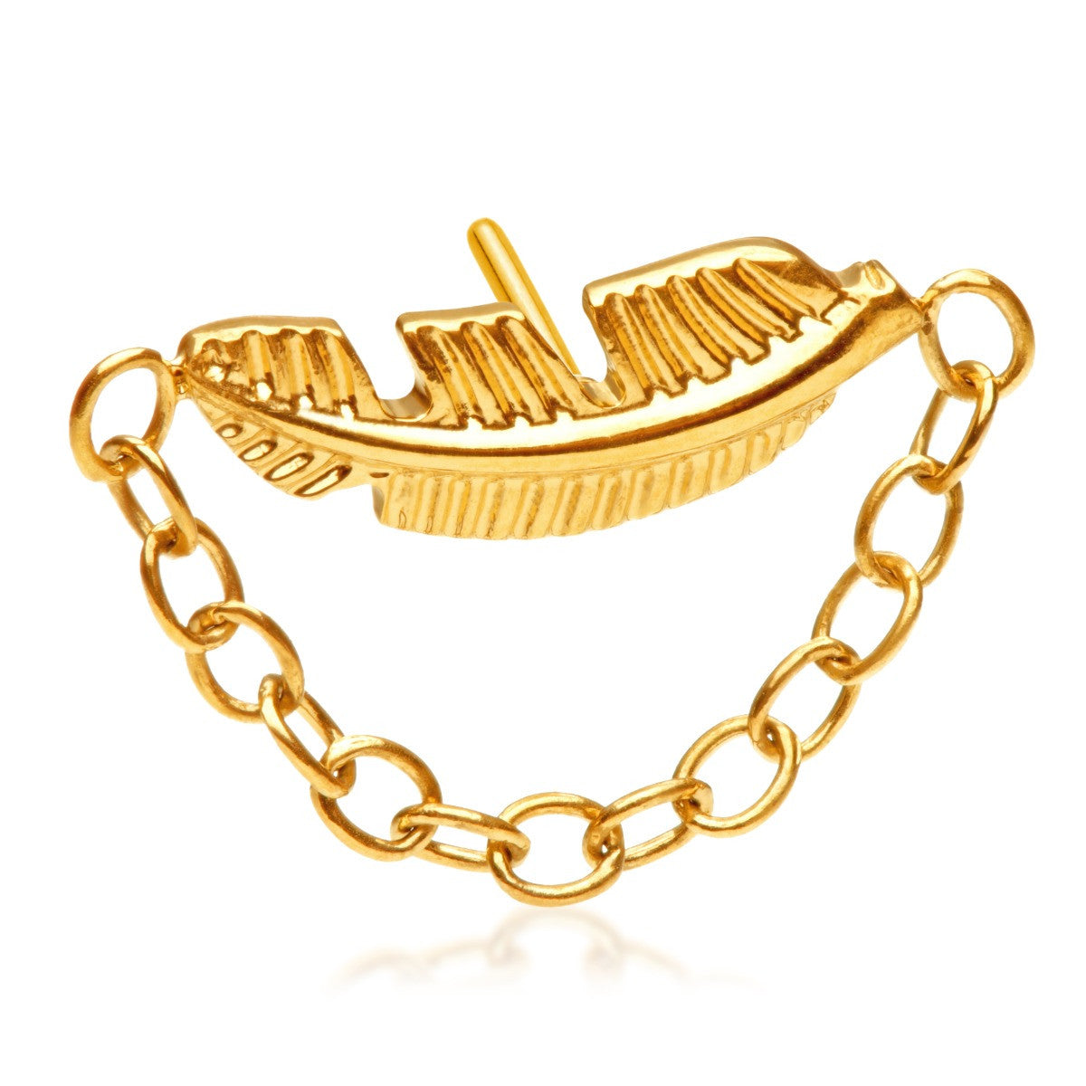 TiCouture product image: Zircon Gold Ti Threadless Feather with Hanging Chain Attachment.