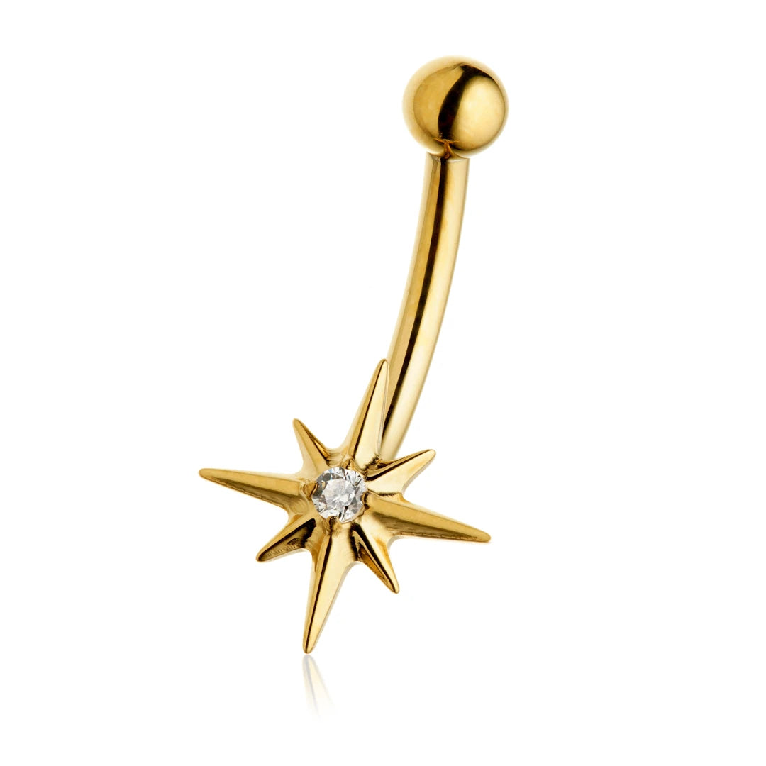 TiCouture product image: Gold PVD Ti Internal Jewelled North Star Rook Bar.